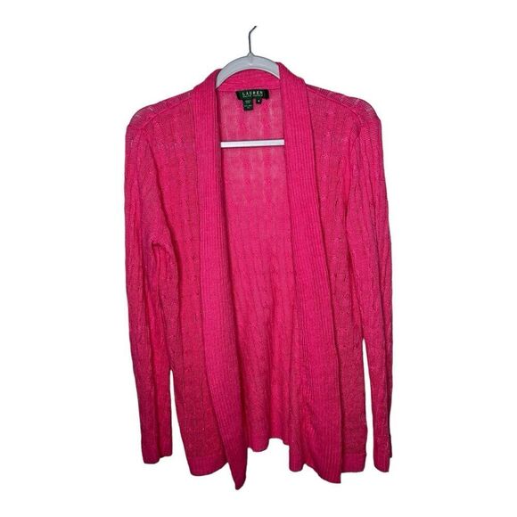 Lauren Ralph Lauren Linen Cardigan Sweater Womens Medium Bright Pink Open Knit - Picture 1 of 11